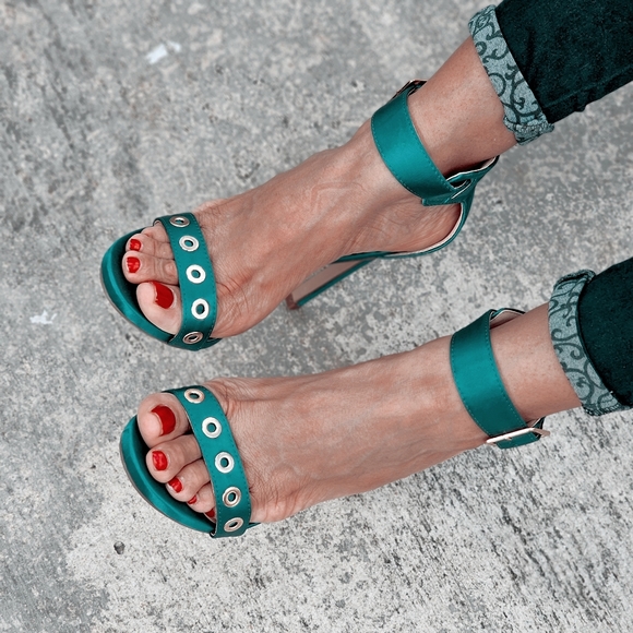 Women's Strappy Ankle High Heel Sandals Teal Color - Picture 3 of 7